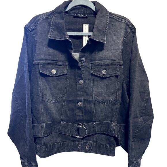 NWT Soncy Denim Jacket Women's Plus Size 26 Belted Trucker Black Wash NEW SZ 4